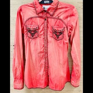 Small ROAR Long or 3/4 sleeve cowgirl chic button up shirt.Free Ship